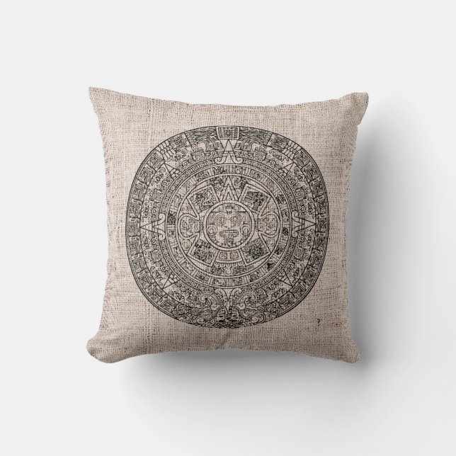 Mayan Aztec Sun Calender on Burlap Cushion (Front)