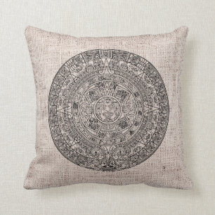 Mayan Aztec Sun Calender on Burlap Cushion