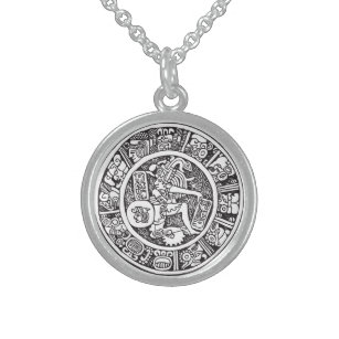 Mayan circle, Mexican hieroglyph(Maya) Sterling Silver Necklace
