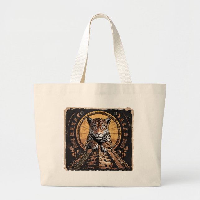 Mayan Jaguar Guardian | Aztec Mythology Art Large Tote Bag (Front)