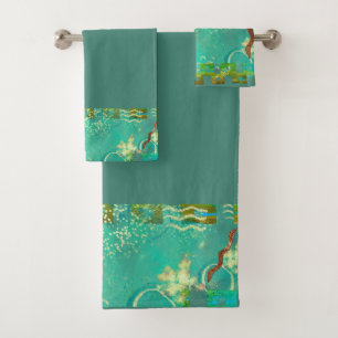 Mayan Turquoise & Gold Mexican Boho Bath Towel Set