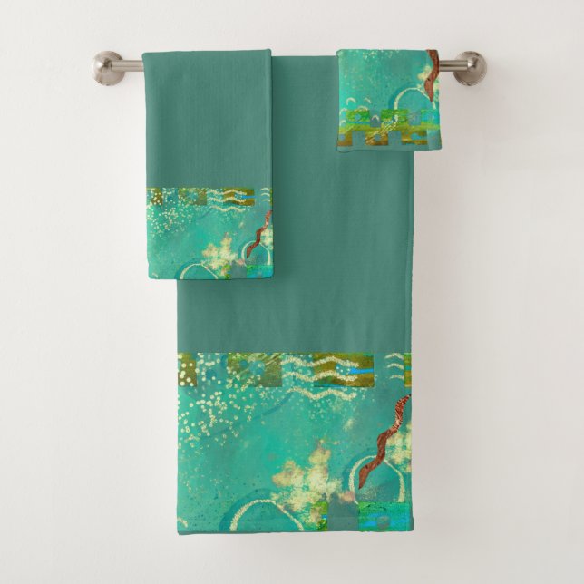 Mayan Turquoise & Gold Mexican Boho Bath Towel Set (Insitu)