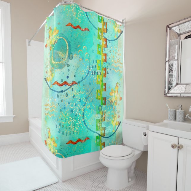 Mayan Turquoise & Golden Misty Sky Shower Curtain (In Situ)