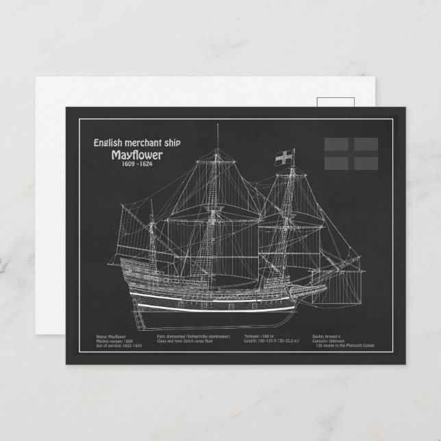 Mayflower - Ship Blueprint Plans PD Postcard (Front/Back)
