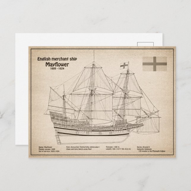 Mayflower - Ship Blueprint Plans SD Postcard (Front/Back)