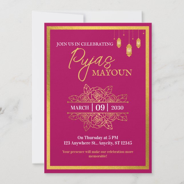 Mayoun Maroon and Gold Puja Invitation (Front)