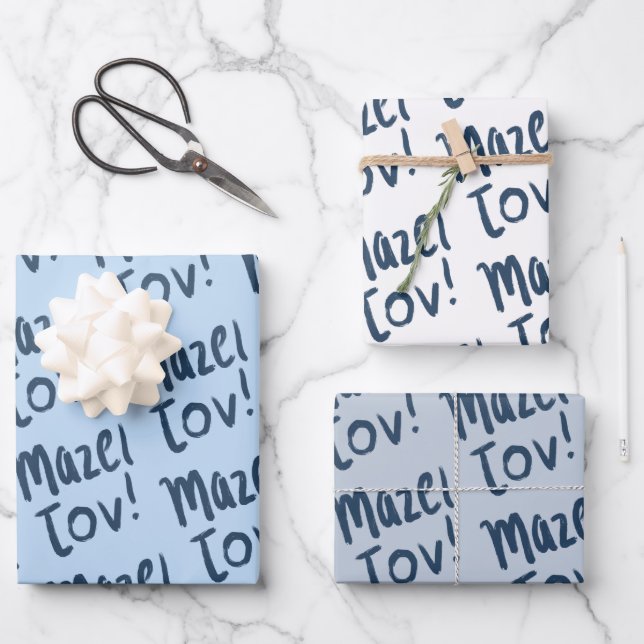 MAZEL TOV Bar Bat Mitzvah Handlettered Jewish Blue Wrapping Paper Sheet (Front)