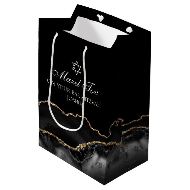 Mazel Tov Black Gold Personalised Bar Mitzvah Medium Gift Bag (Front Angled)