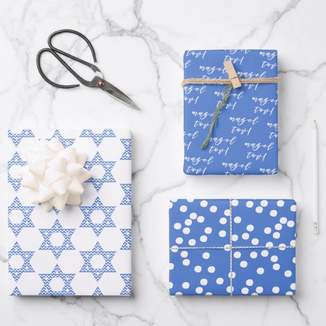 Mazel tov! Blue Star of David & Polkadots Wrapping Paper Sheet (Front)