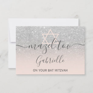 Mazel Tov silver glitter pink Bat Mitzvah Thank You Card