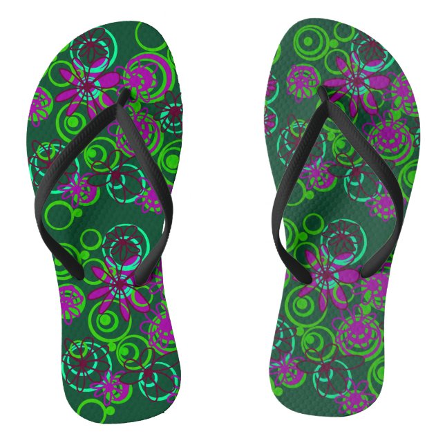 Mazipoodles Floral Bubbles Green Purple Plum       Thongs (Footbed)