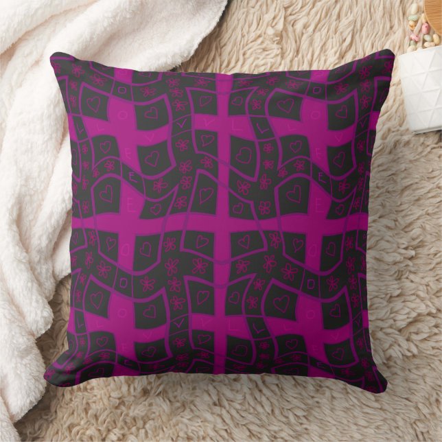 Mazipoodles Floral Love Hearts Check Black Magenta Cushion (Blanket)