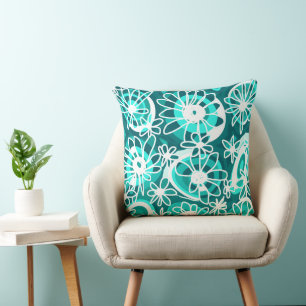 Mazipoodles Love Flowers - Teal Turquoise White Cushion