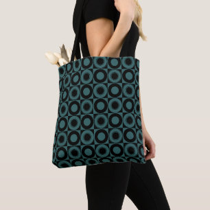 Mazipoodles Mid Century Check Blue On Black Tote Bag