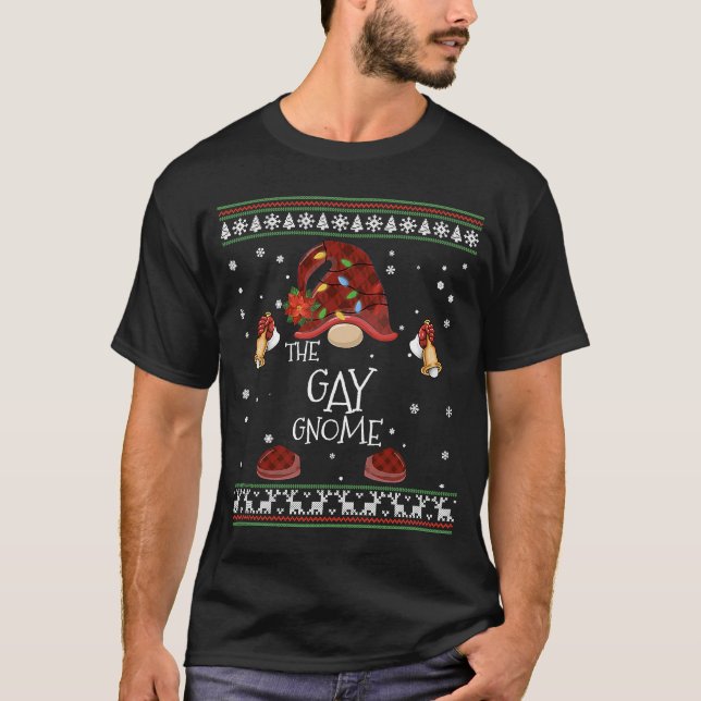 mb Gay Gnome Buffalo Plaid Christmas Light Ugly St T-Shirt (Front)