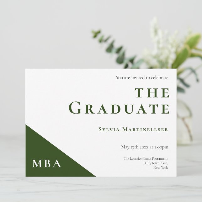 MBA Degree Green White Graduation Party Invitation (Standing Front)
