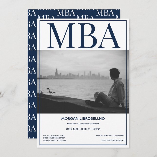 MBA degree White Blue Photo Graduation Party Invitation (Front/Back)