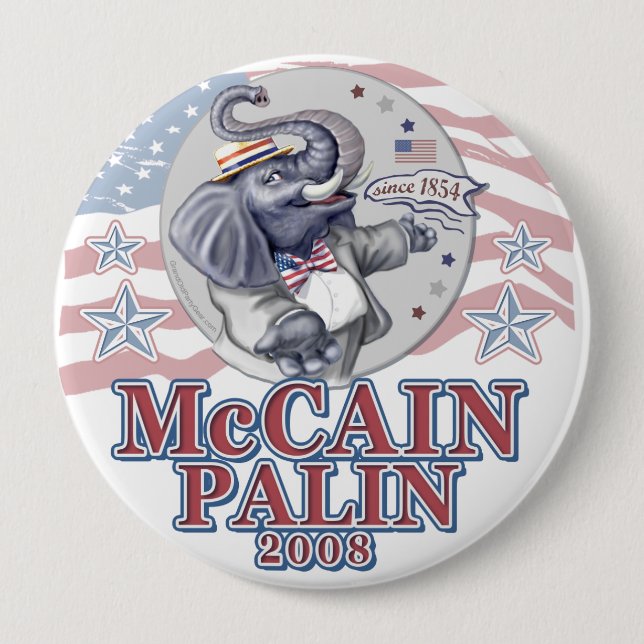 McCain Palin Republican Elephant 10 Cm Round Badge (Front)