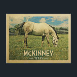 McKinney Texas Horse Farm - Vintage Travel Postcard<br><div class="desc">McKinney Texas rural vintage travel postcard.  It features a white horse grazing on green grass with fence and blue clouds sky above. A fun country farm image with rustic charm.</div>