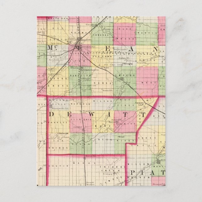 McLean, De Witt, Piatt counties Postcard (Front)