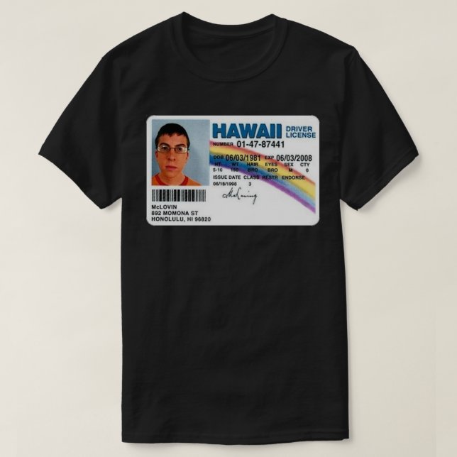 Mclovin Fake ID Sticker T-Shirt (Design Front)