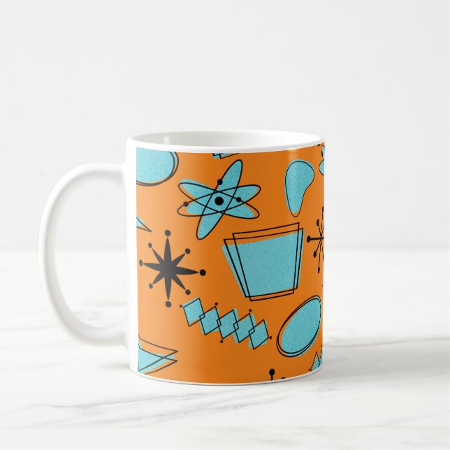MCM Atomic Shapes Turquoise on Orange Coffee Mug (Left)