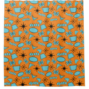 MCM Atomic Shapes Turquoise on Orange Shower Curtain