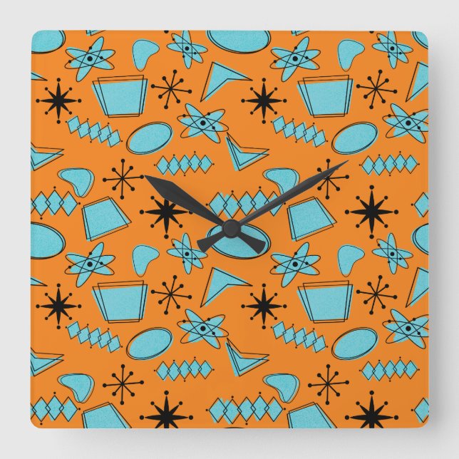 MCM Atomic Shapes Turquoise on Orange Square Wall Clock (Front)