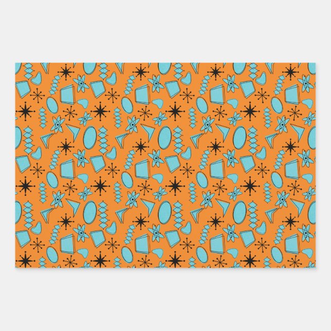MCM Atomic Shapes Turquoise on Orange Wrapping Paper Sheet (Front)