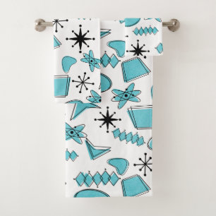 MCM Atomic Turquoise, Black, and White Bath Towel Set