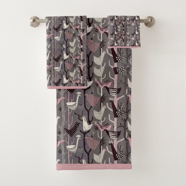 MCM Birds Chickens Ducks Pink Black Grey White Bath Towel Set (Insitu)