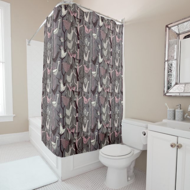 MCM Birds Chickens Ducks Pink Black Grey White Shower Curtain (In Situ)