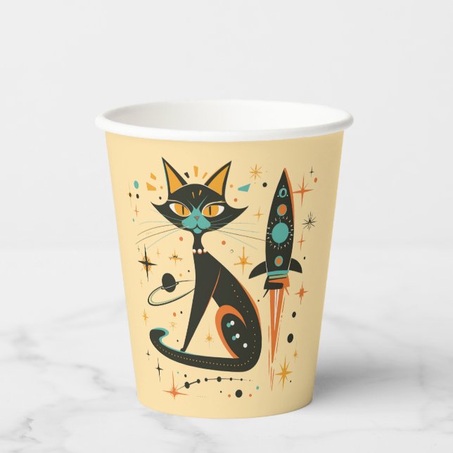 MCM Black Cat Retro Spaceship Stars Planets Paper Cups (Front)