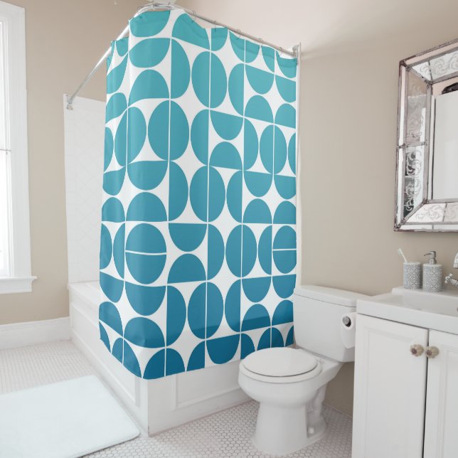 MCM Bold Blues Pattern Shower Curtain (In Situ)