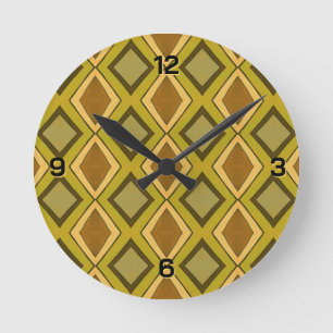 MCM Brown Gold Green Diamond Pattern Round Clock