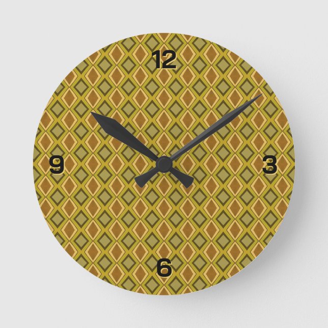 MCM Brown Gold Green Diamond Pattern Round Clock (Front)