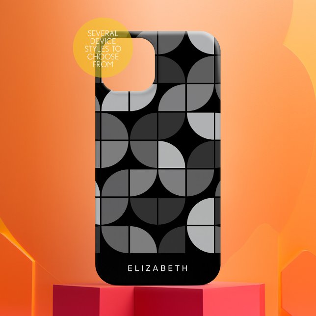 MCM Geometric Mod Circles Pattern - black and grey (Personalized Phone Case with Custom Text)