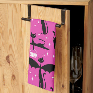 MCM Halloween Fancy Dress Minimalist Cats Pink Tea Towel