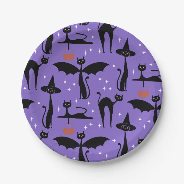 MCM Halloween Fancy Dress Minimalist Cats Purple Paper Plate (Front)