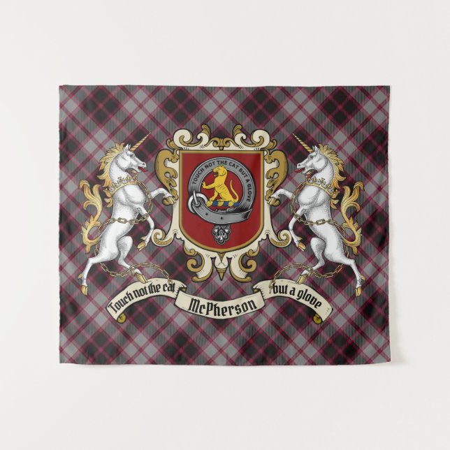 McPherson Clan Badge & Unicorns w/Tartan  Tapestry (Front (Horizontal))