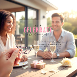 MD Graduation Pink Stethoscope Clear Invitation