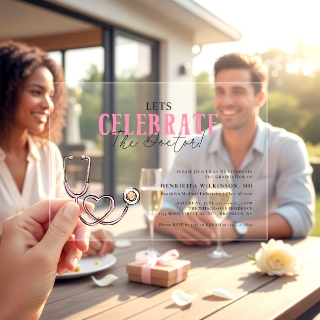 MD Graduation Pink Stethoscope Clear Invitation (Creator Uploaded)