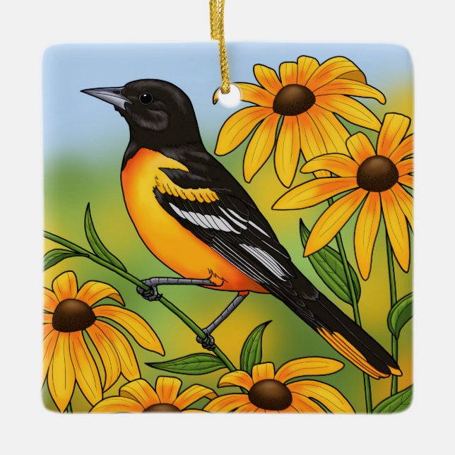 MD State Bird Oriole & Black-eyed Susan Flower Ceramic Ornament (Front)