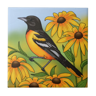 MD State Bird Oriole & Black-eyed Susan Flower Ceramic Tile