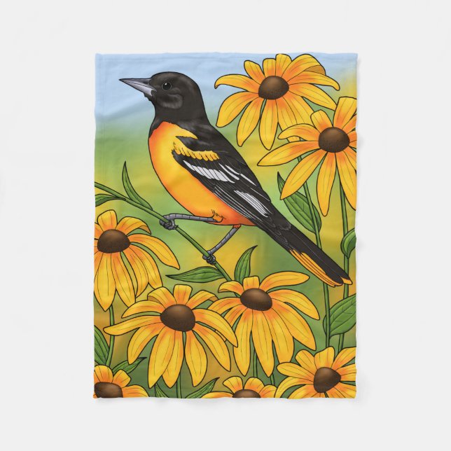 MD State Bird Oriole & Black-eyed Susan Flower Fleece Blanket (Front)