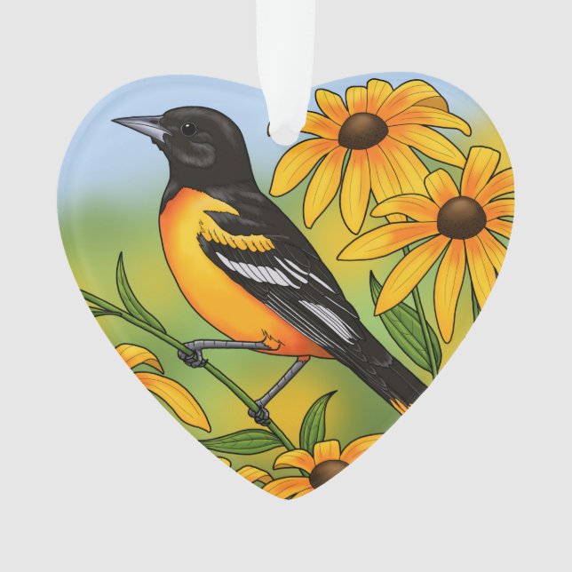 MD State Bird Oriole & Black-eyed Susan Flower Ornament (Front)