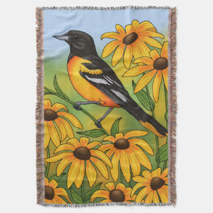 MD State Bird Oriole & Black-eyed Susan Flower Throw Blanket