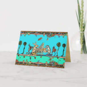 MDIEVAL ANIMALS DOG AND RABBIT PLAYING ORGAN Blue Holiday Card