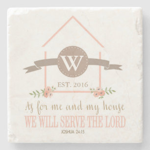 Me and my house, scripture, family initial stone coaster