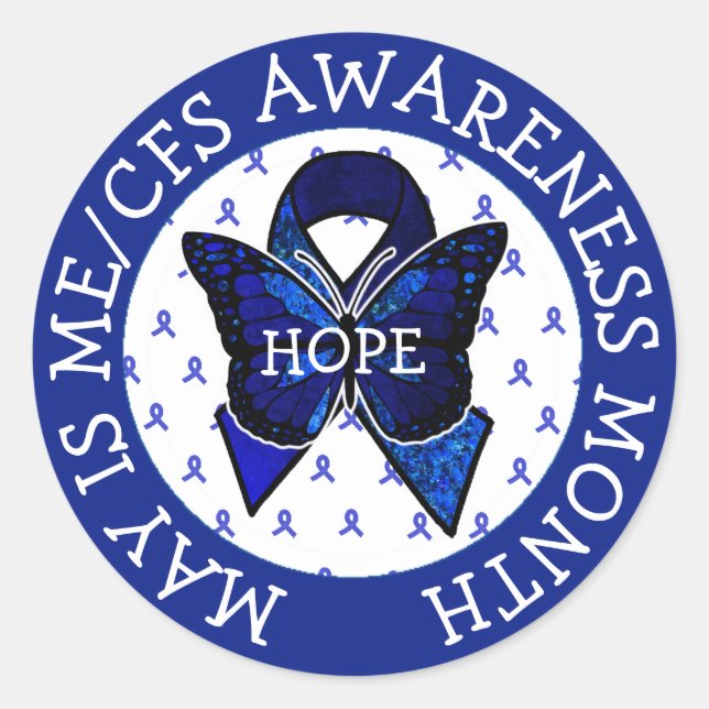 ME/CFS Syndrome Awareness Ribbon Butterfly Classic Round Sticker (Front)
